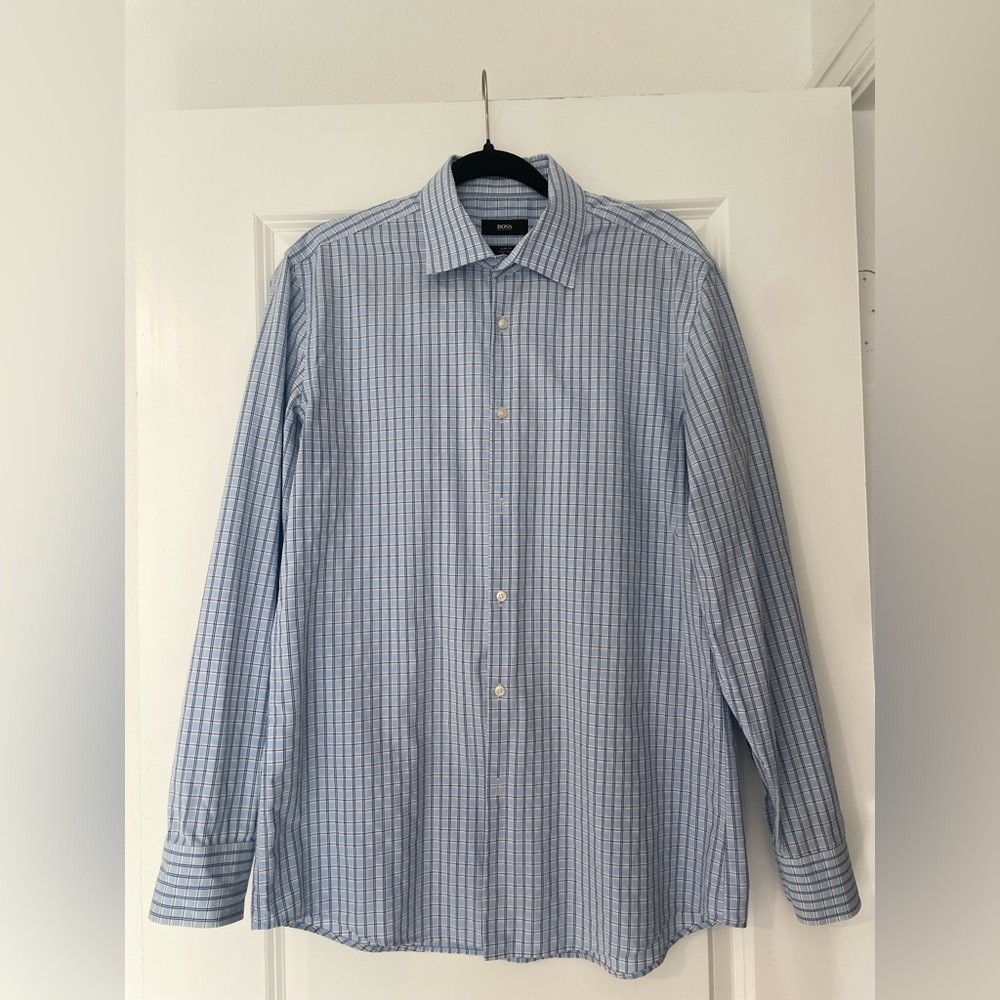 Boss Men's Light Blue Grid Pattern Long Sleeve Shirt Size 16.5 READ